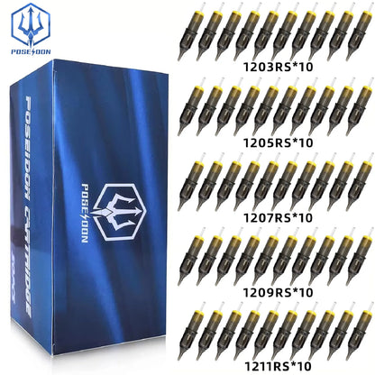 POSEIDON V2 50PCS Mixed Tattoo Cartridge Needles – RL, RS, RM, M1 Disposable Safety Membrane Needles for Professional Tattooing