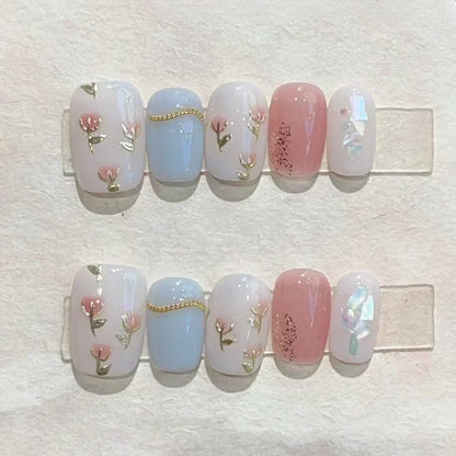 10 Pcs Handmade Short Square Press-On Nails – Full Cover Flower & Cat Eye Ballet False Nails Manicure Tips