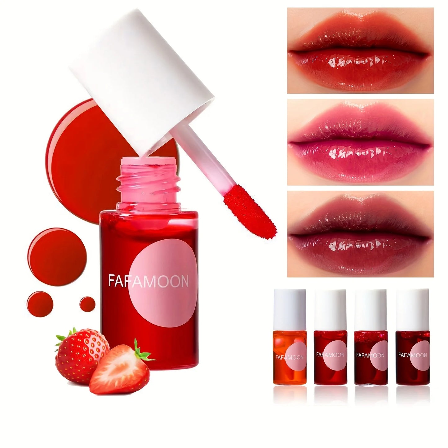 4-Color Fruity Lip Tint – Moisturizing, Waterproof, High-Pigment Liquid Lip Gloss, Non-Stick & Long-Lasting