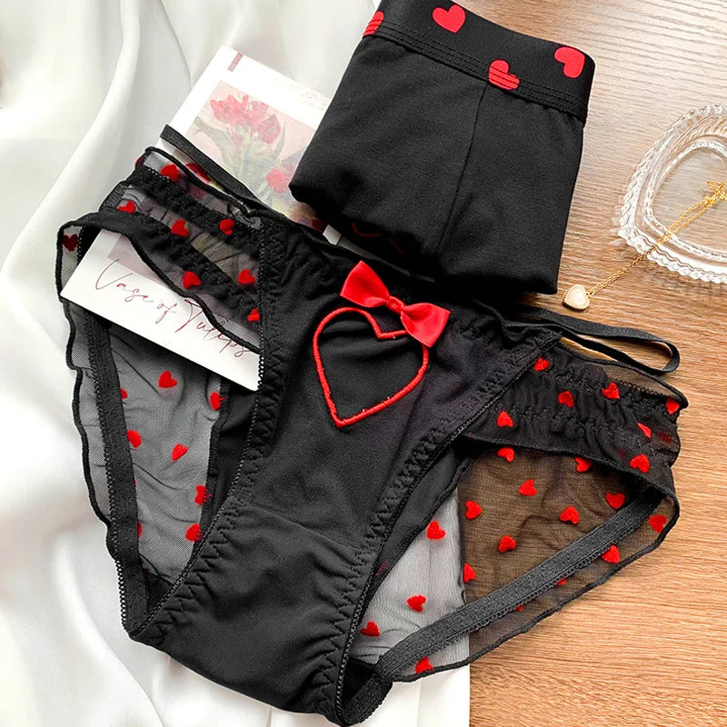 Heart Printed Couple Underwear - Sexy Low Waist Briefs for Women & Men, Breathable Boxer Panties, Boyfriend Girlfriend Lingerie