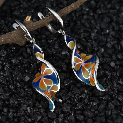 Spiral Leaf Enamel Pendant Earrings - Elegant Flower Pattern Long Dangle Fashion Jewelry Gift