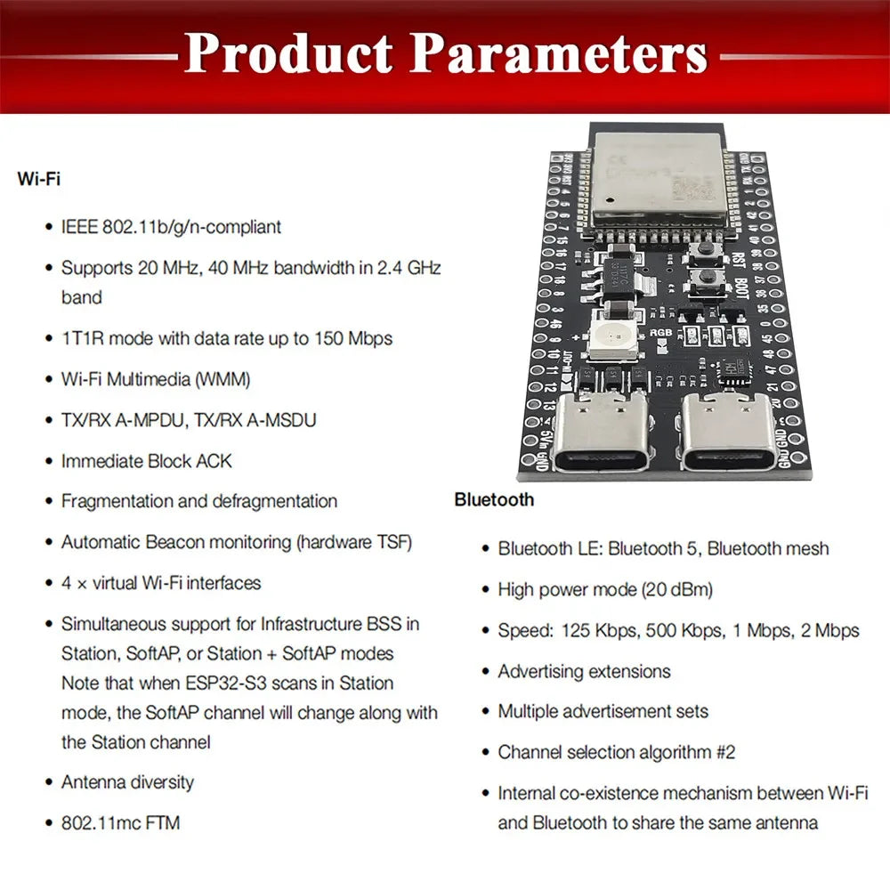 ESP32-S3 WROOM-1 Development Board - 44-Pin WiFi Bluetooth Module with 16MB Flash & 8MB PSRAM for Arduino IDE