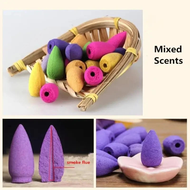 Aromatic Bliss Bundle: 20pcs Mix Natural Backflow Incense Cones - Rose, Jasmine, Lavender, Sandalwood Fusion