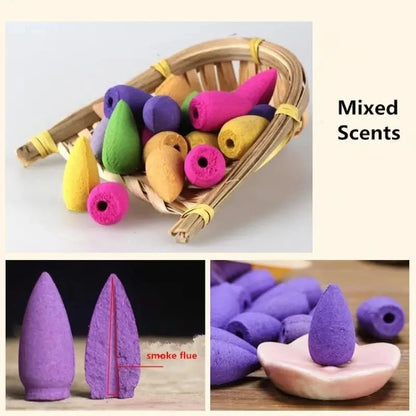 Aromatic Bliss Bundle: 20pcs Mix Natural Backflow Incense Cones - Rose, Jasmine, Lavender, Sandalwood Fusion