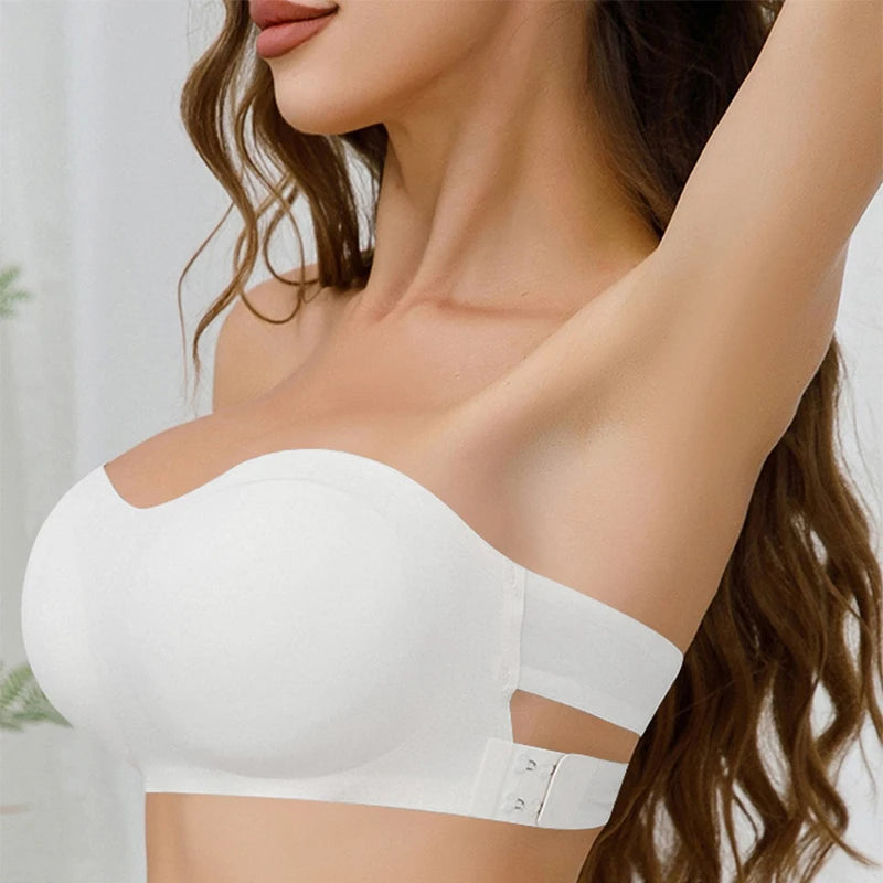 Women’s Strapless Push-Up Bra – Removable Padded Seamless Ice Silk Top, Invisible Anti-Slip Off-Shoulder Bra