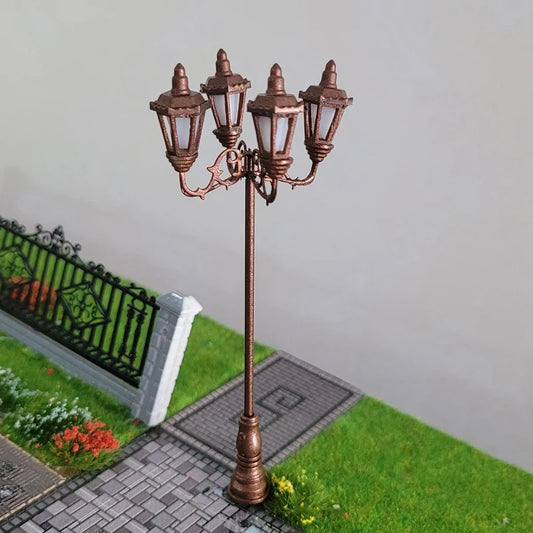 HO Scale Model Lamps – 4-Head 3V Cold White Street & Park Lampposts for Train Layouts & Miniature Gardens