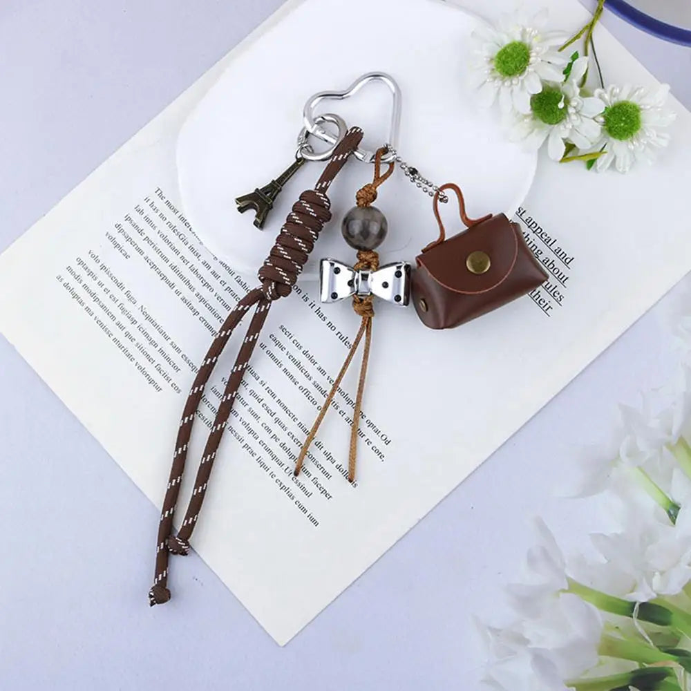 Y2K Leather Rope Keychain with Cherry Bow – Cute 3D Heart Bag Pendant Cartoon Keyring & Anti-Lost Phone Lanyard