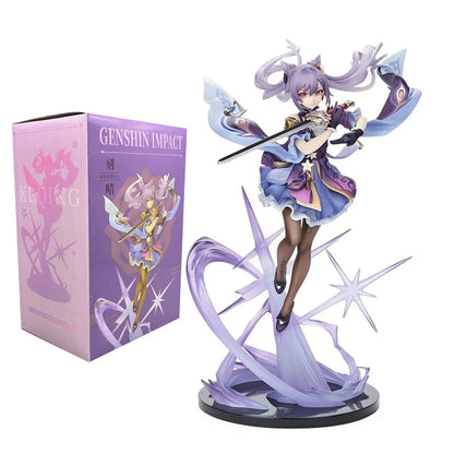 25CM Genshin Impact Keqing & Hu Tao Anime PVC Figure – Sword Swing Action Desktop Decoration Toy