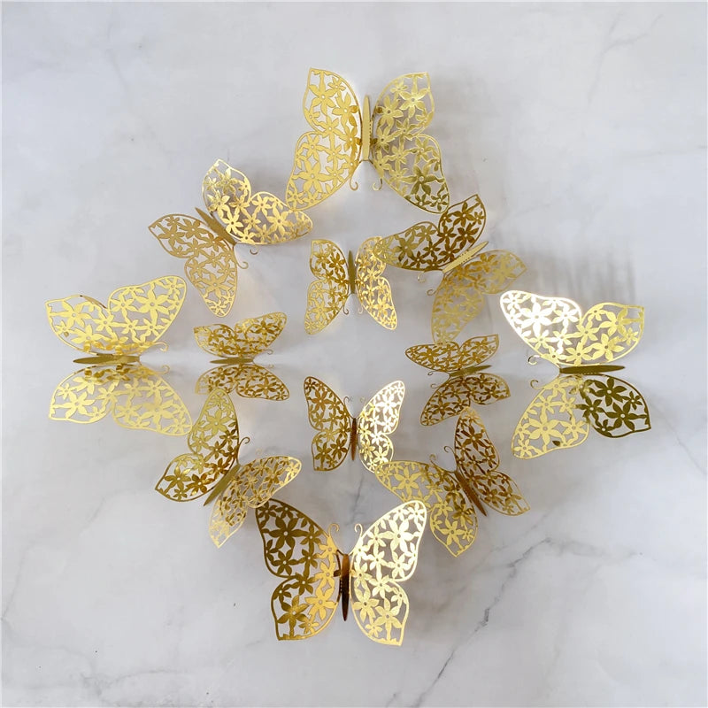 12PCS 3D Hollow Butterfly Wall Stickers – Gold, Silver & Rose Decorative Decals for Wedding, Living Room & Home Decor