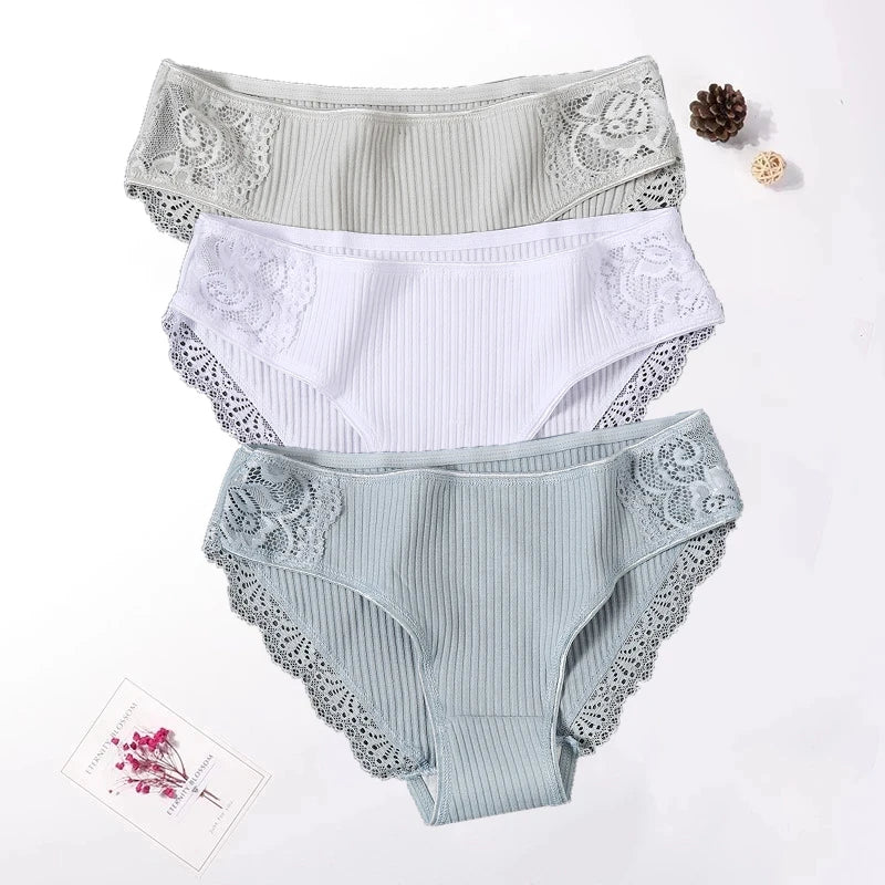 Floral Lace Cotton Women’s Panties - Comfortable Briefs, Solid Color Underwear, 3PCS/Set, Sizes M-XXL