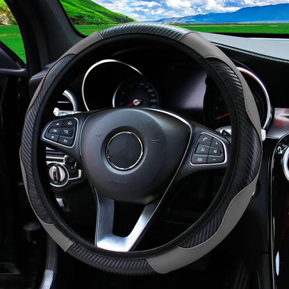 PU Carbon Fiber Leather Steering Wheel Cover — No Inner Ring, Fits 14.5-15 Inch Cars