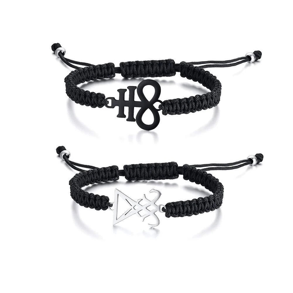 Leviathan Cross Woven Bracelet - Stainless Steel Satanic Style Totem Black Adjustable Knot Wrist Jewelry
