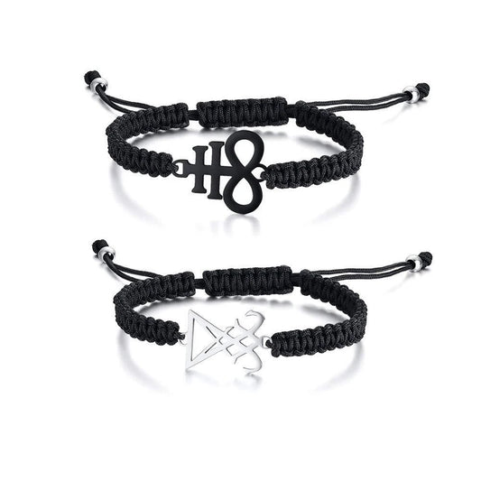 Leviathan Cross Woven Bracelet - Stainless Steel Satanic Style Totem Black Adjustable Knot Wrist Jewelry