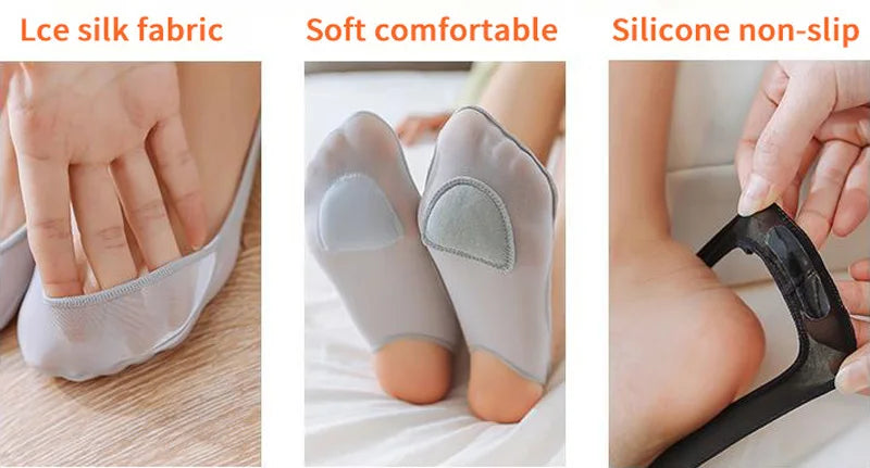 3 Pairs Women's Invisible Non-Slip Boat Socks – Ice Silk, Half-Palm, High Heel Liner Socks for Summer