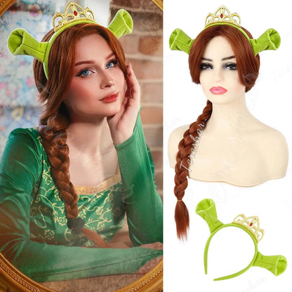 Fiona Princess Long Braided Wig - Reddish Brown Synthetic Hair for Halloween Cosplay & Parties