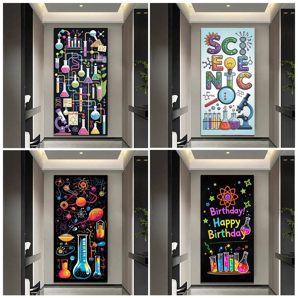 Chemistry Lab Door Cover Backdrop – Science Experiment Party Decoration & Photography Props with Laboratory Equipment Theme