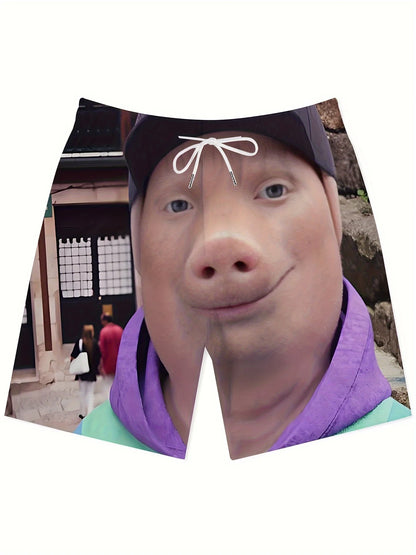 Cartoon Pig Print Swim Shorts – Adjustable Drawstring Waist with Pockets, Lightweight Summer Pool & Ocean Wear