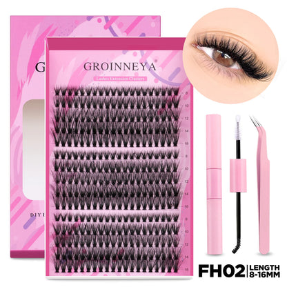 GROINNEYA DIY Lash Extension Kit – Cluster & Individual Lashes Set with Lash Bond & Seal for At-Home Eyelash Extension Makeup