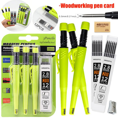 Carpenter’s Pencil Set with 2.8mm Leads - Deep-Hole Marking Pencil & Sharpener for Woodworking and Construction