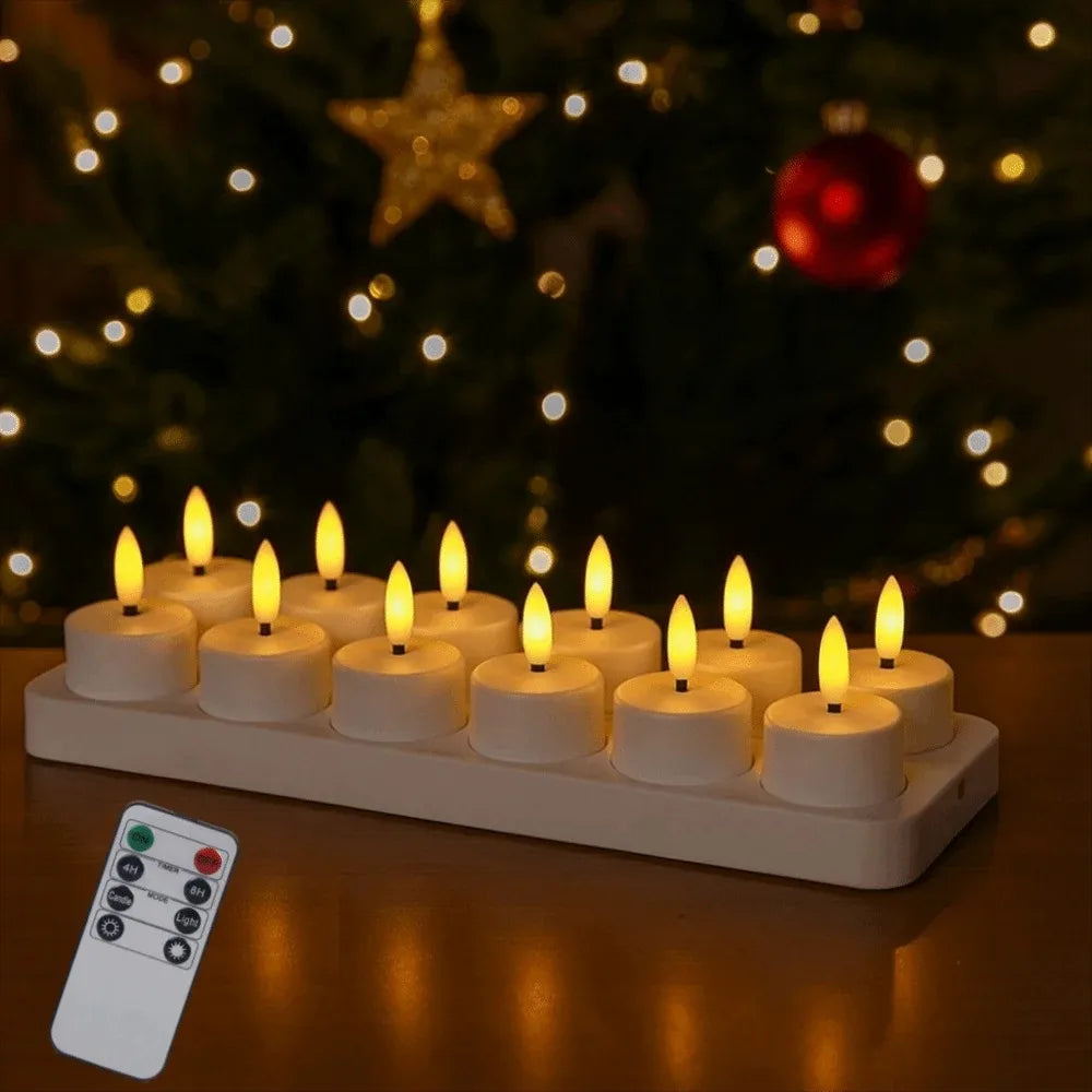4/6/8/12PCS LED Flameless Candle Set with Remote Control – Rechargeable Warm Yellow Electronic Tea Lights for Christmas & Home Decoration