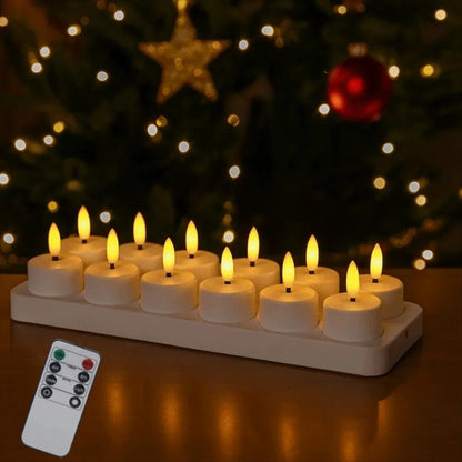 4/6/8/12PCS LED Flameless Candle Set with Remote Control – Rechargeable Warm Yellow Electronic Tea Lights for Christmas & Home Decoration