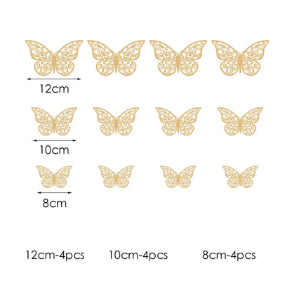 12PCS Metal-Inspired 3D Hollow Paper Butterfly Decorations – Party, Wedding, Birthday & Festival Wall Stickers