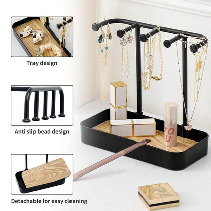 Bedroom Desktop Jewelry Storage Holder | Earrings and Necklaces Rack with Wooden Base | Bracelet Hanging Organizer