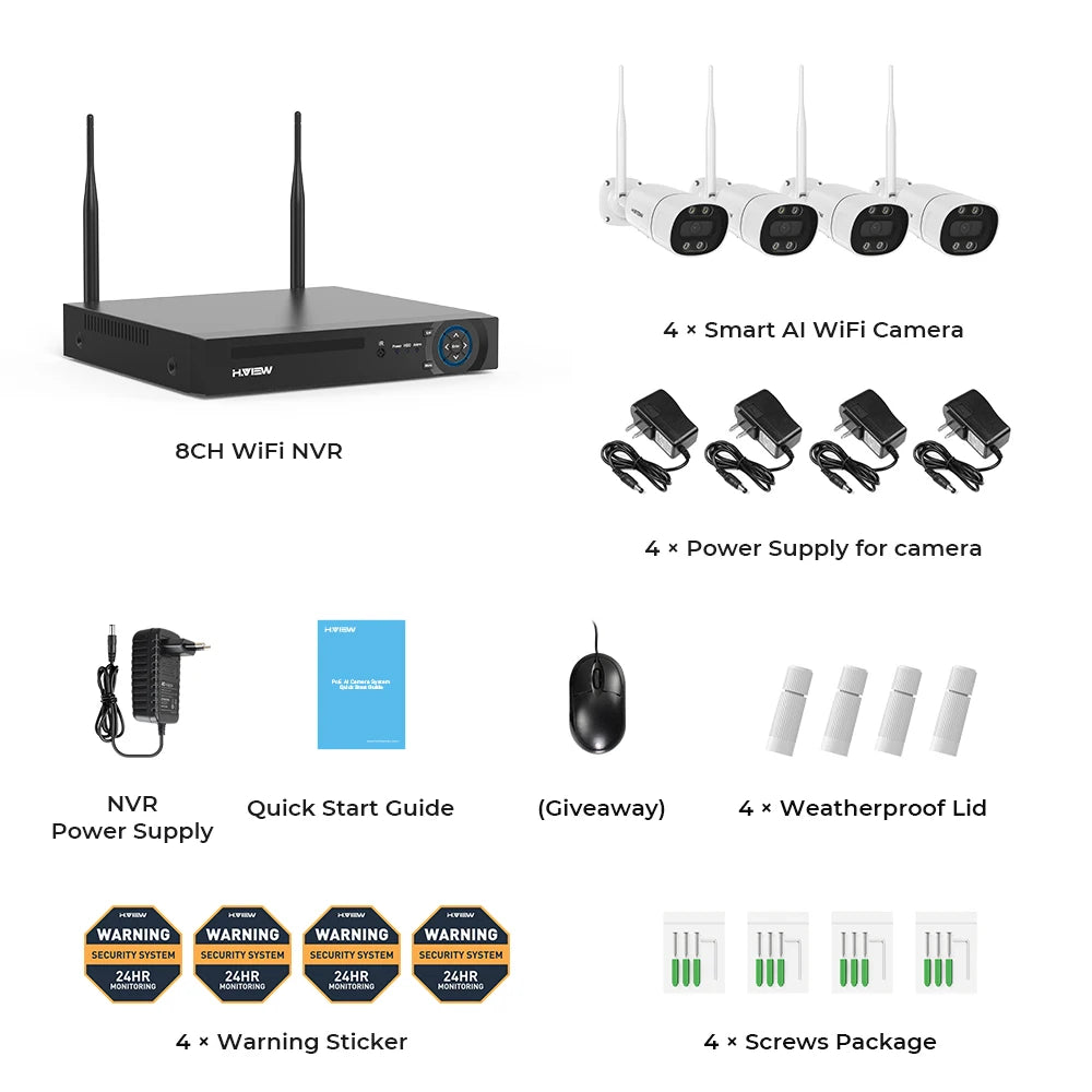 H.View 8CH 5MP Wireless WiFi Security Camera System — CCTV NVR Kit with Indoor/Outdoor Cameras & Two-Way Audio XMEye