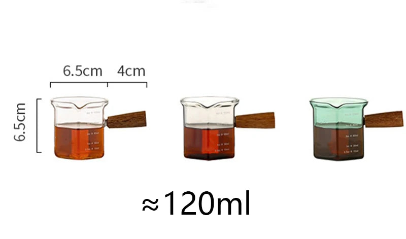 120ml Glass Espresso Measuring Cup with Wooden Handle — Hexagon Coffee Milk Jug & Sauce Pitcher