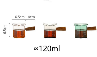120ml Glass Espresso Measuring Cup with Wooden Handle — Hexagon Coffee Milk Jug & Sauce Pitcher