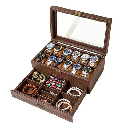 DELESYS Retro Wood Grain Leather Watch Box — Creative Storage Case for Watches, Glasses & Accessories, Gift Box