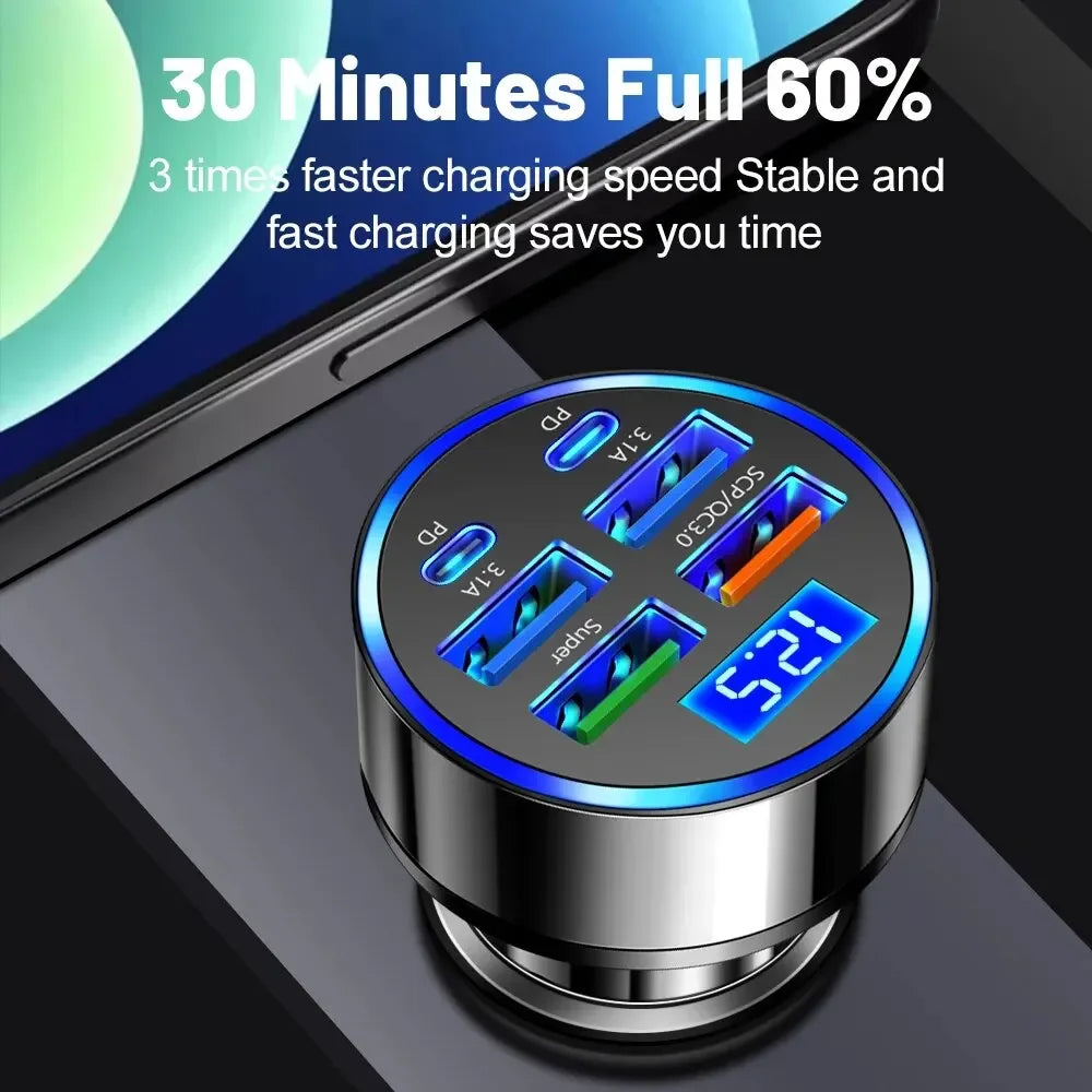66-250W PD Car Charger – QC3.0 Fast Charge, 1-to-6 Cigarette Lighter Plug with Digital Display