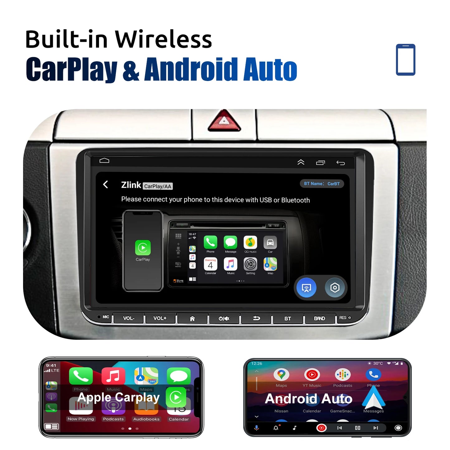 9" Android 15 Car Stereo - 6GB+128GB Wireless CarPlay GPS WiFi Bluetooth FM for VW