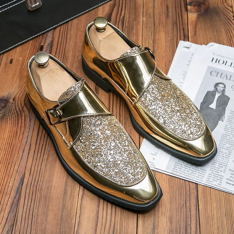 Men’s Gold Patent Leather Moccasins - Pointed Toe Luxury Business & Formal Dress Shoes