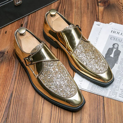 Men’s Gold Patent Leather Moccasins - Pointed Toe Luxury Business & Formal Dress Shoes