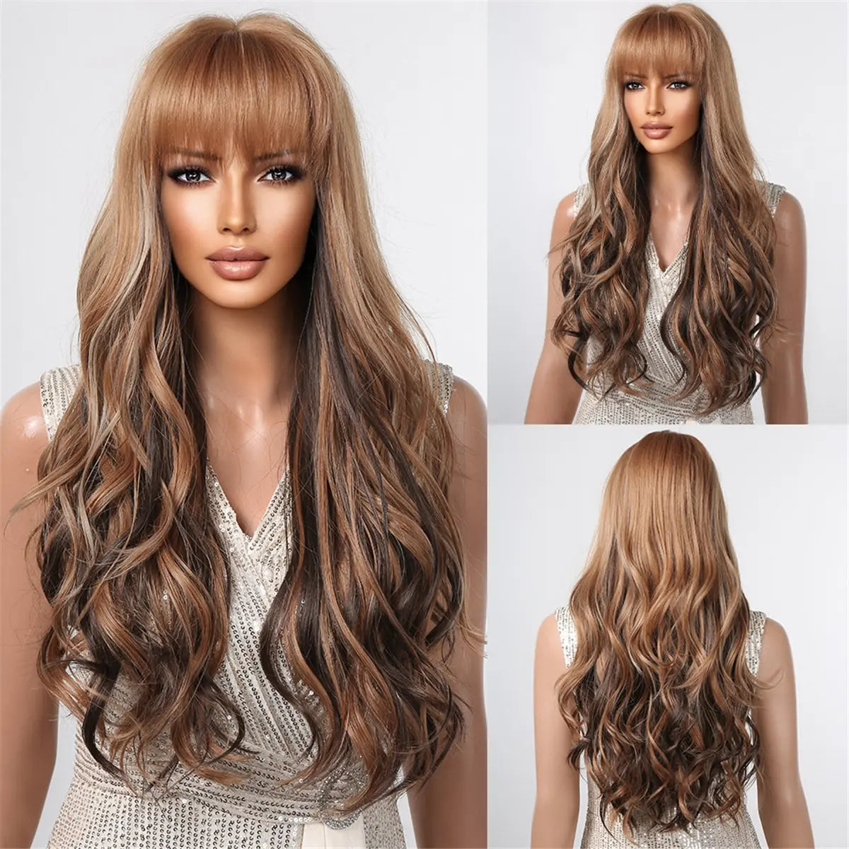 Brown Wavy Long Wig for Women with Bangs — Natural-Look Synthetic Hair, Heat-Resistant for Daily & Cosplay