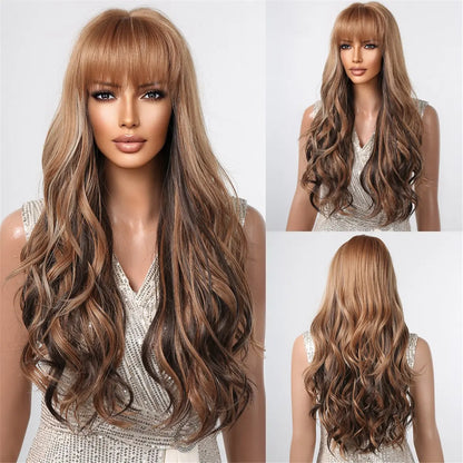 Brown Wavy Long Wig for Women with Bangs — Natural-Look Synthetic Hair, Heat-Resistant for Daily & Cosplay