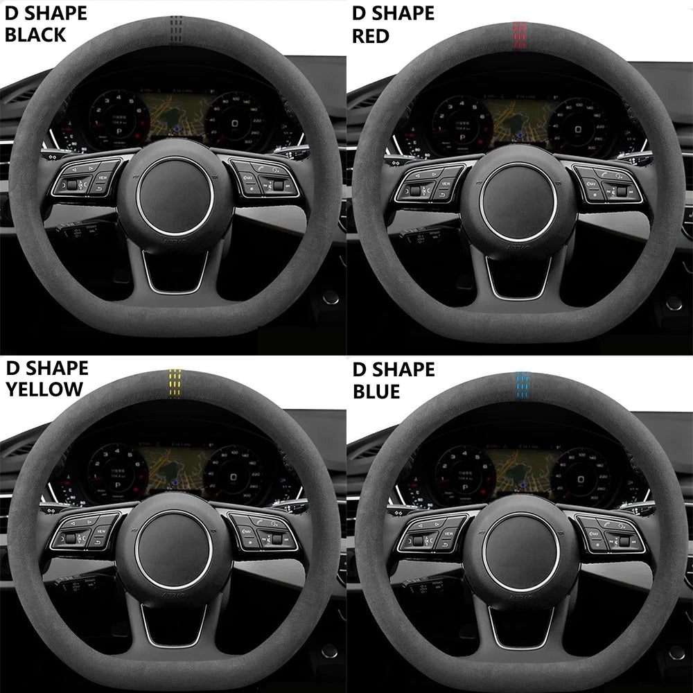 Universal 37–38cm Cowhide Suede Steering Wheel Cover, Breathable Anti-Slip Car Steering Wheel Wrap Accessory
