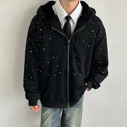 Men’s Faux Fur Patchwork Hoodie - Diamond Design Zip-Up Sweater with Loose Fit