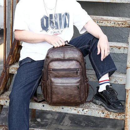High-Quality PU Leather Backpack | USB Charging | Large Laptop Compartment | Mochilas Schoolbag for Teenage Boys