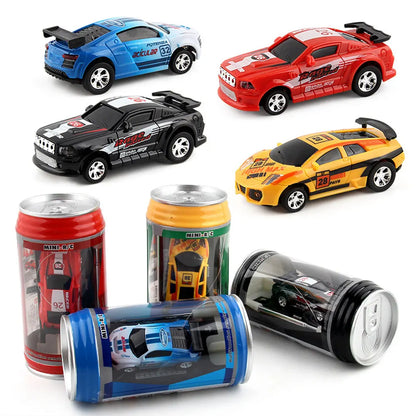 Coke Can Mini RC Car — Battery-Operated Plastic Remote Control Racing Vehicle with Roadblocks, Micro Racing Toy for Kids & Boys