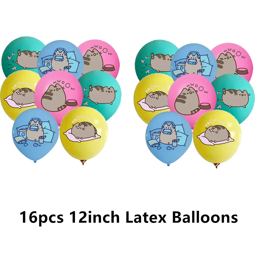 Pusheen Cat Birthday Party Decorations - Cartoon Pet Theme Balloons, Banner, Backdrop, Cake Topper, and Baby Shower Stickers