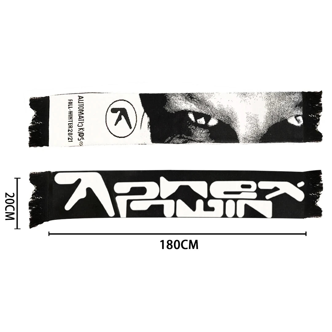 Men’s Y2K Black Knitted Scarf — Aphex Twin Goth Harajuku Streetwear Winter Shawl Unisex