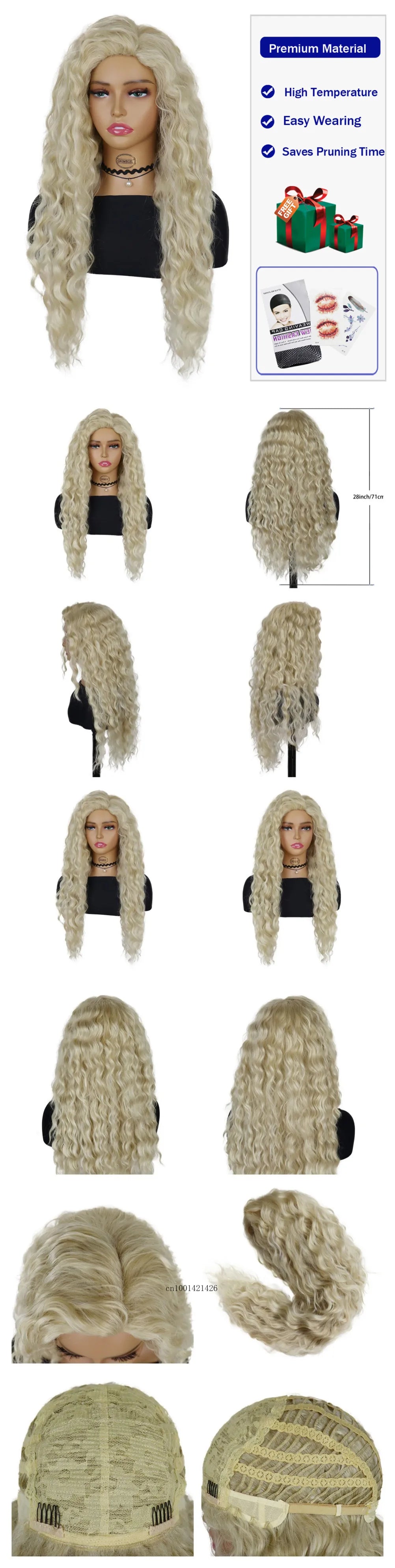 Ash Blonde Synthetic Wig – 26" Long Curly Ombre Hair, Fluffy Wave Wig for Women, Costume & Party Wig