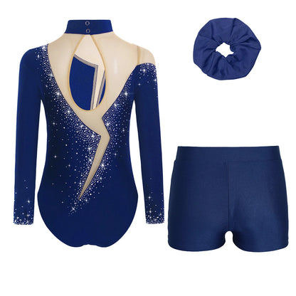 Kids Girls Long-Sleeve Ballet Leotard with Body Shorts & Hair Band — Gymnastics Dance Bodysuit
