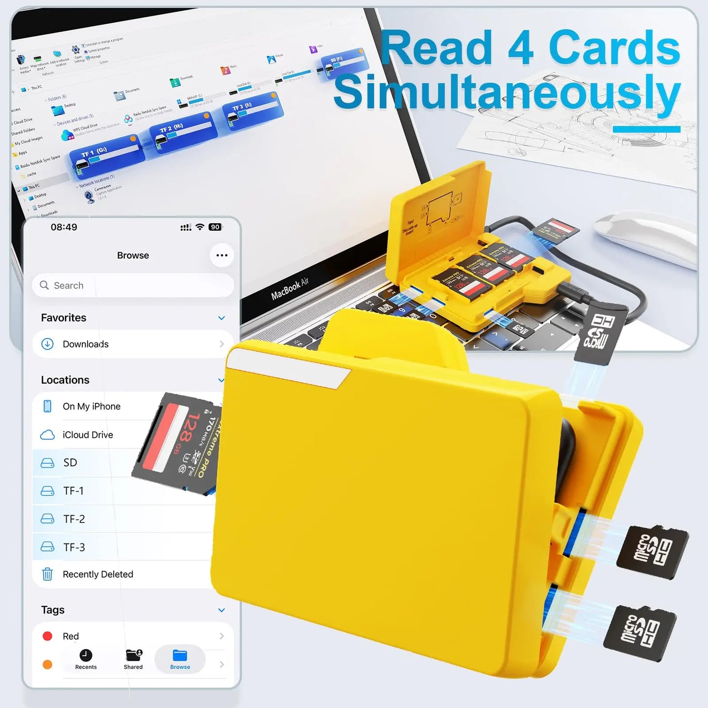 BUDI SD Memory Card Reader – 4 Cards Simultaneous Read/Write with 15-Slot Storage Case, Type-C Compatible Multi Card Organizer