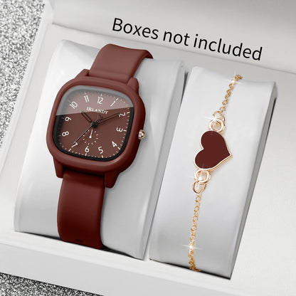 2PCS Women’s Quartz Watch & Heart Bracelet Set - Arabic Dial Square Silicone Strap Wristwatch