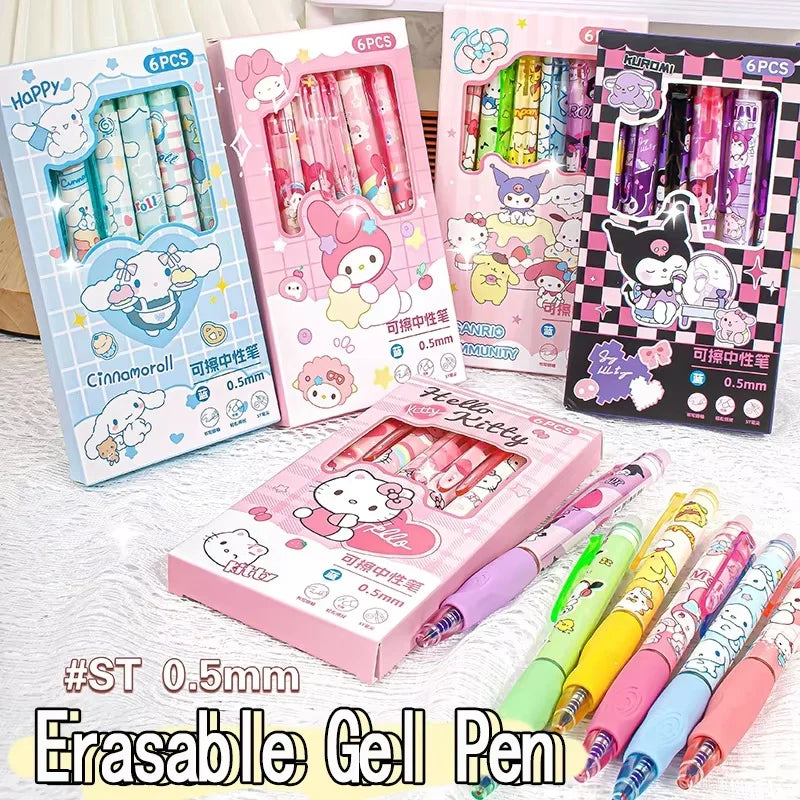 6PCS Sanrio Erasable Gel Pens – Pochacco, Kuromi, Cinnamoroll & Hello Kitty Neutral Ballpoint Pens for Students & Office