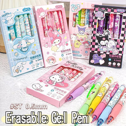 6PCS Sanrio Erasable Gel Pens – Pochacco, Kuromi, Cinnamoroll & Hello Kitty Neutral Ballpoint Pens for Students & Office
