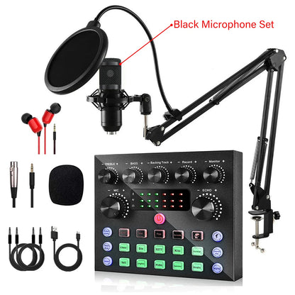 V8S Live Sound Card Podcast Kit - DJ Broadcast Audio Mixer with BM800 Microphone for Music Recording & Live Streaming